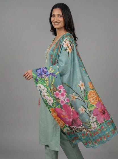 Sage Green Chanderi Silk Suit with Hand Jari Embroidered Neckline