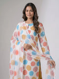 Ivory Multicolor Polka Dot Organza Unstitched Suit with Pom-Pom Lace Border