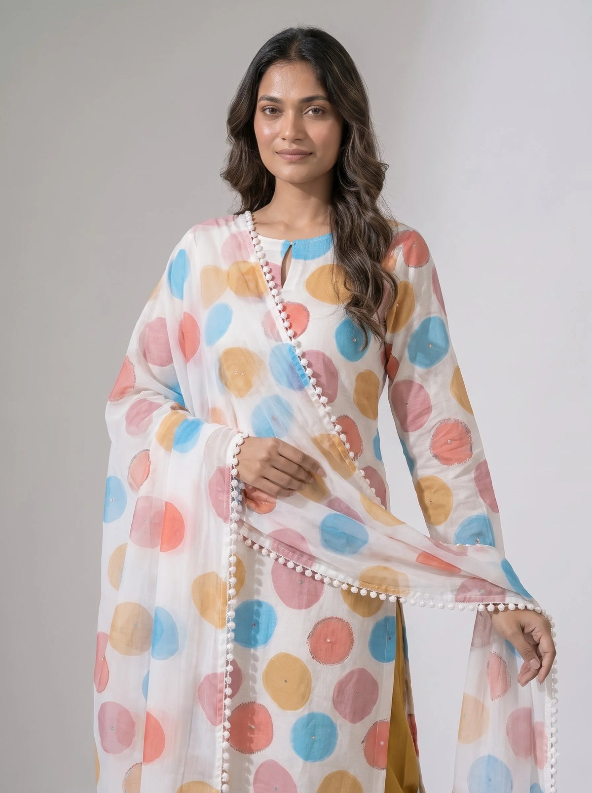 Ivory Multicolor Polka Dot Organza Unstitched Suit with Pom-Pom Lace Border