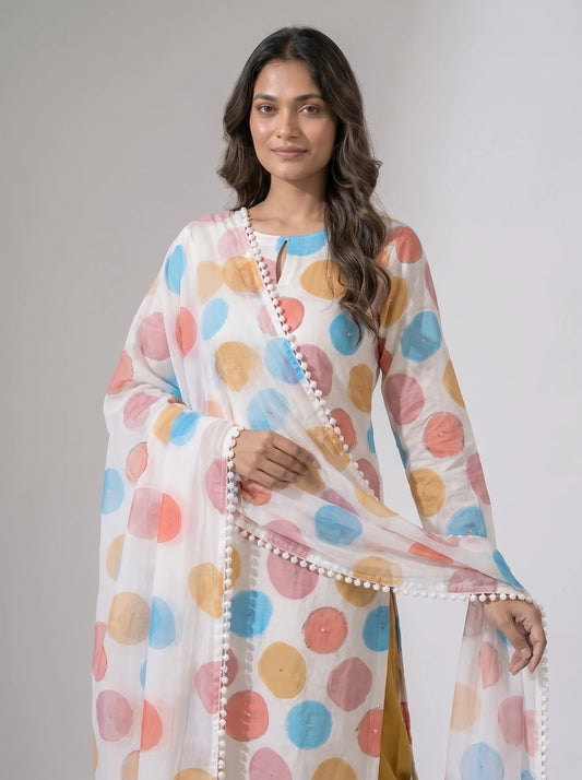 Ivory Multicolor Polka Dot Organza Unstitched Suit with Pom-Pom Lace Border