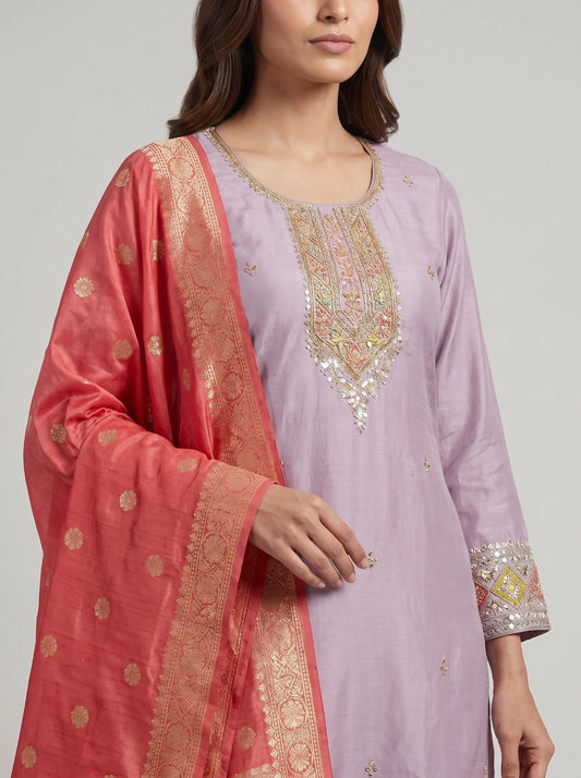 Lavender Gajji Satin Suit with Diamond Sequin Border