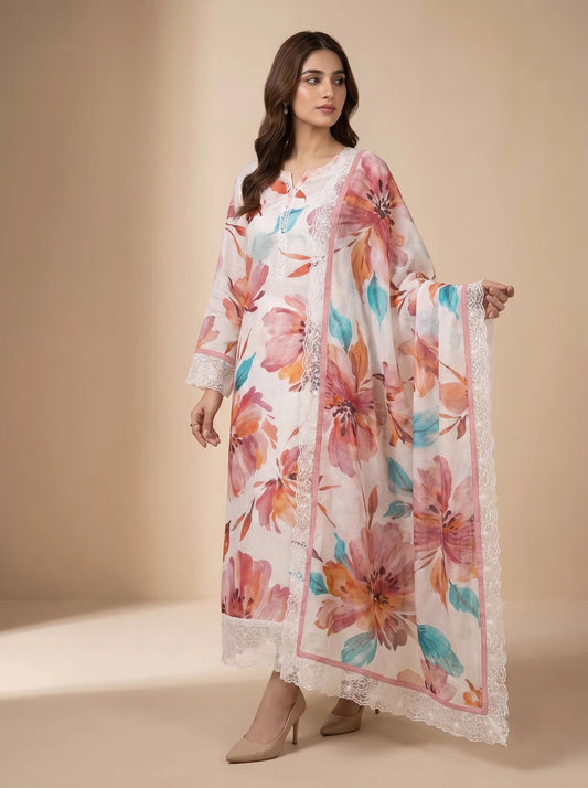 Ivory Coral Floral Digital Print Muslin Suit