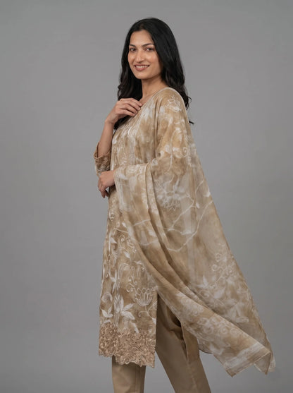 Beige Jaam Cotton Suit with Floral Vine Embroidery