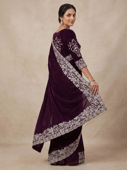Deep Purple Rangoli Silk Saree with Heavy Silver Embroidered Border