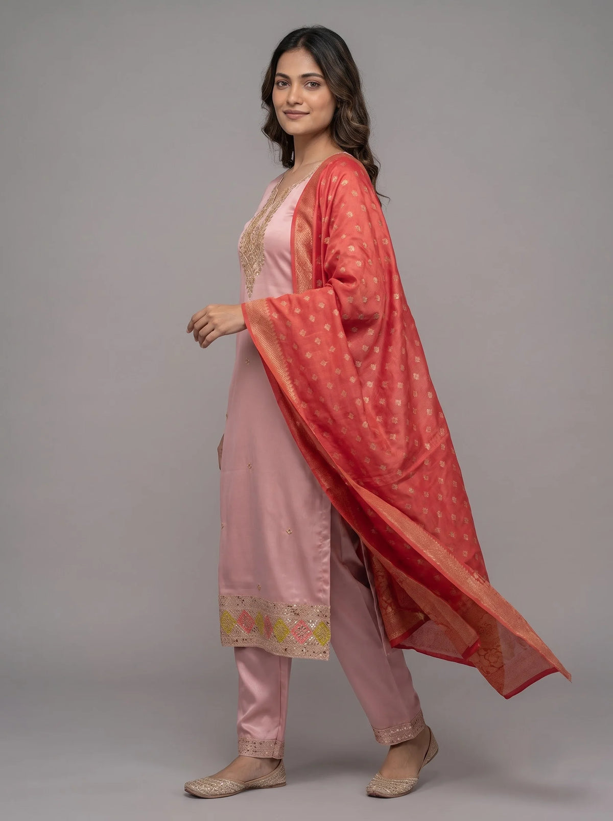 Dusty Pink Bemberg Silk Ziraff Jacquard Suit with Heavy Neck Embroidery
