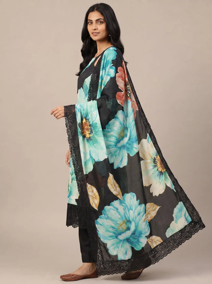 Black Turquoise Floral Digital Print Muslin Suit