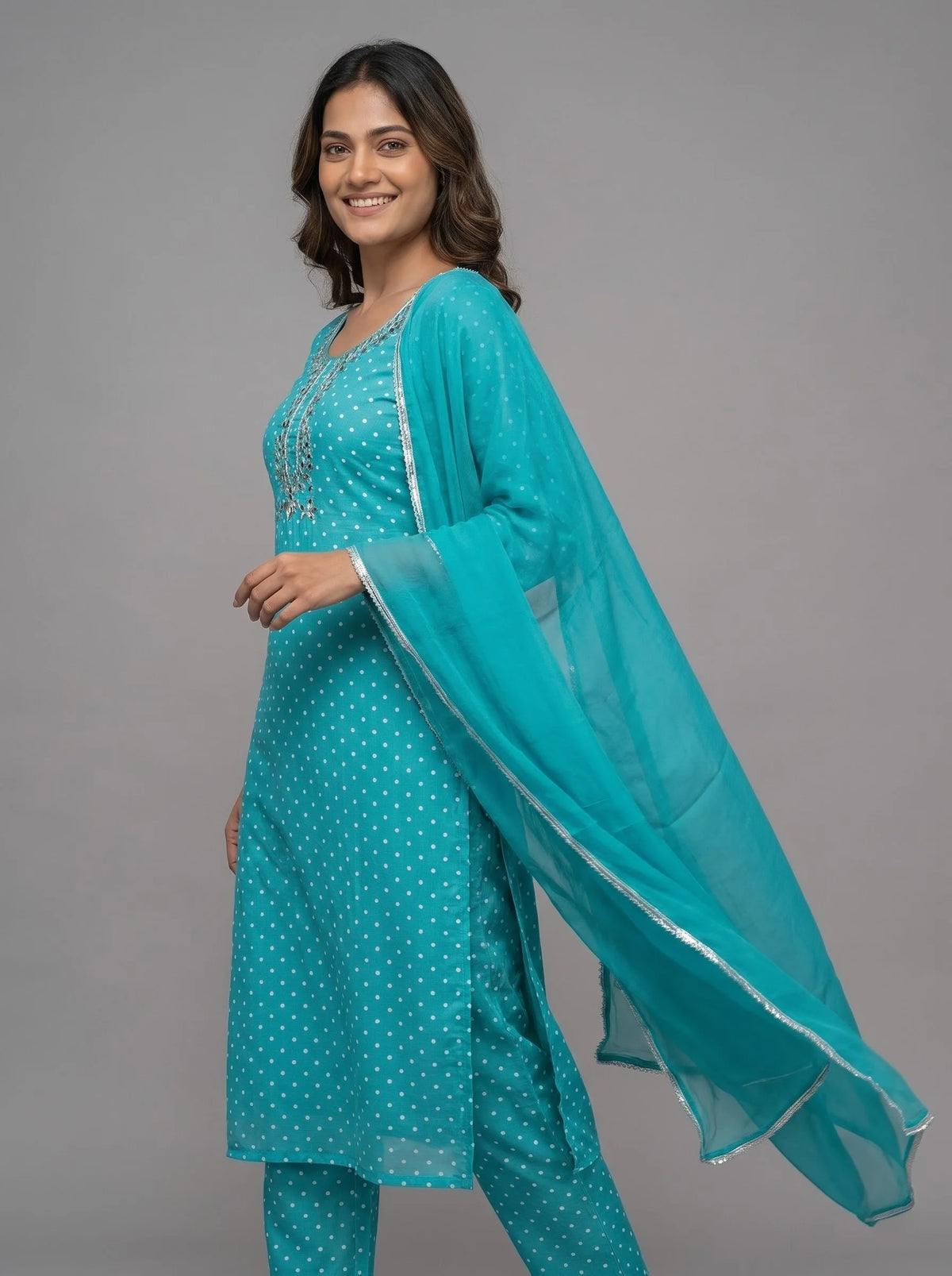 Teal Polka Dot Suit with Silver Mirror Embroidered Neckline