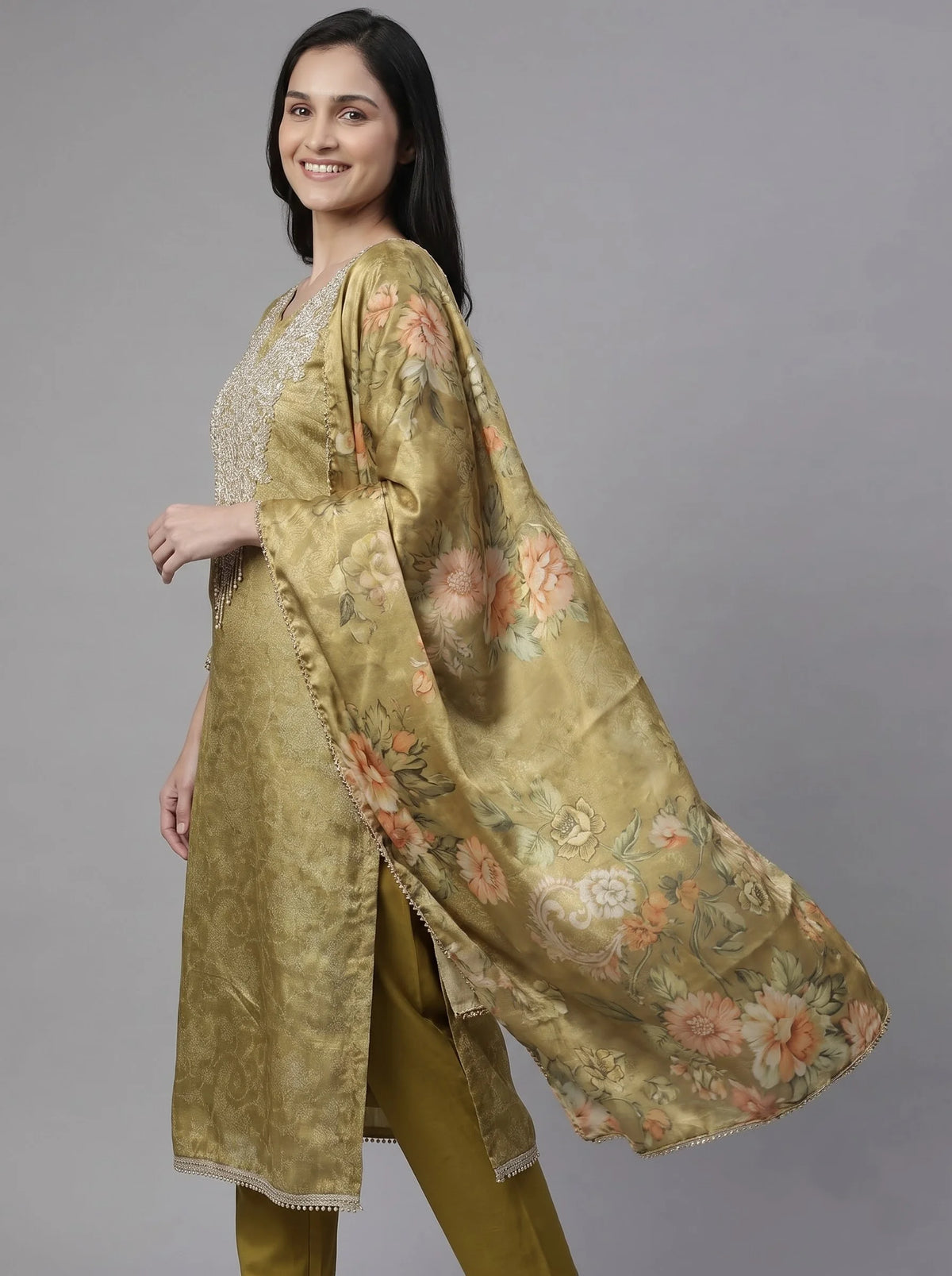 Olive Gold Chanderi Silk Suit with Beaded Neckline & Floral Print Dupatta