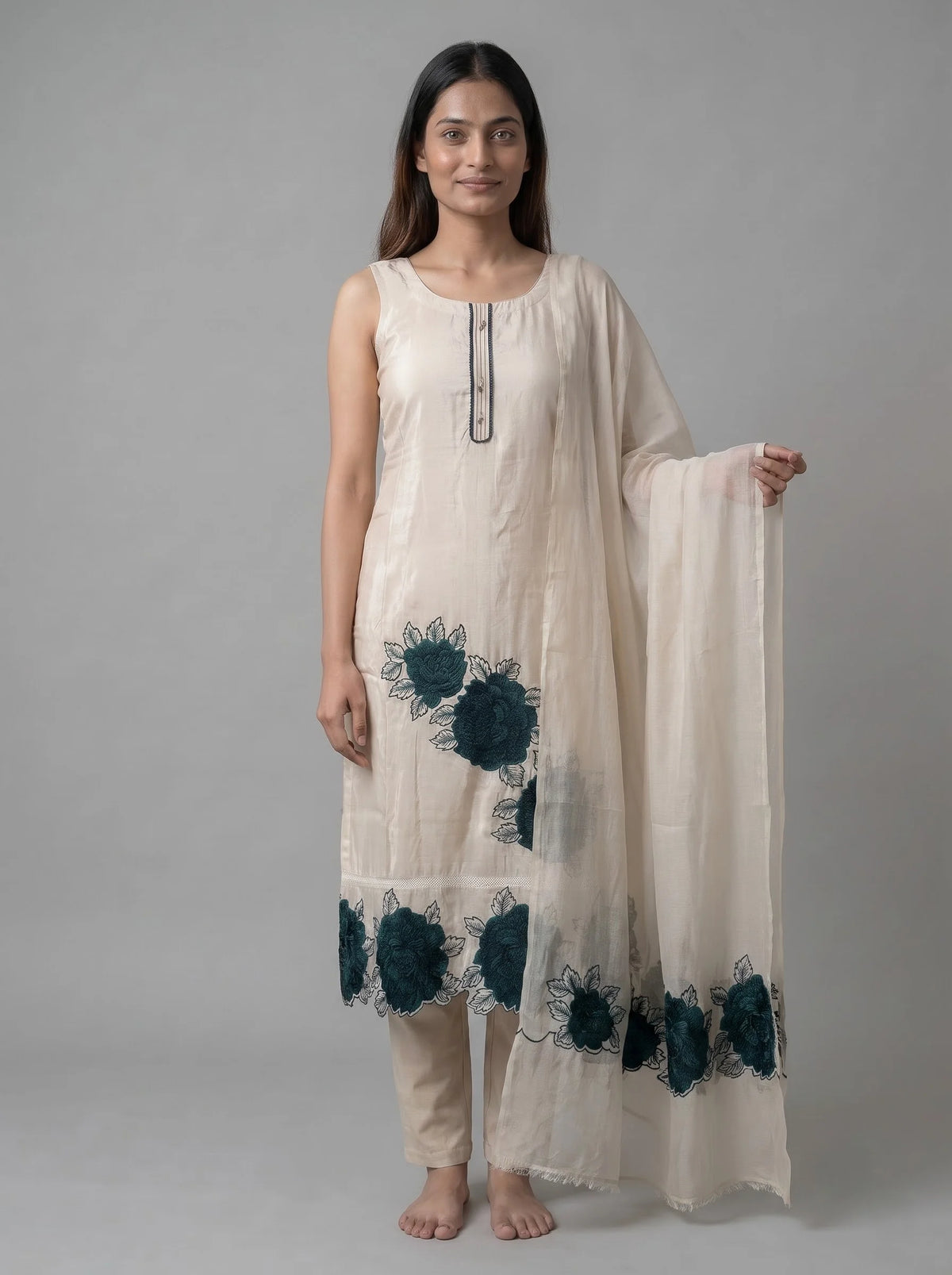 Ivory Glass Organza Unstitched Suit with Teal Floral Motif