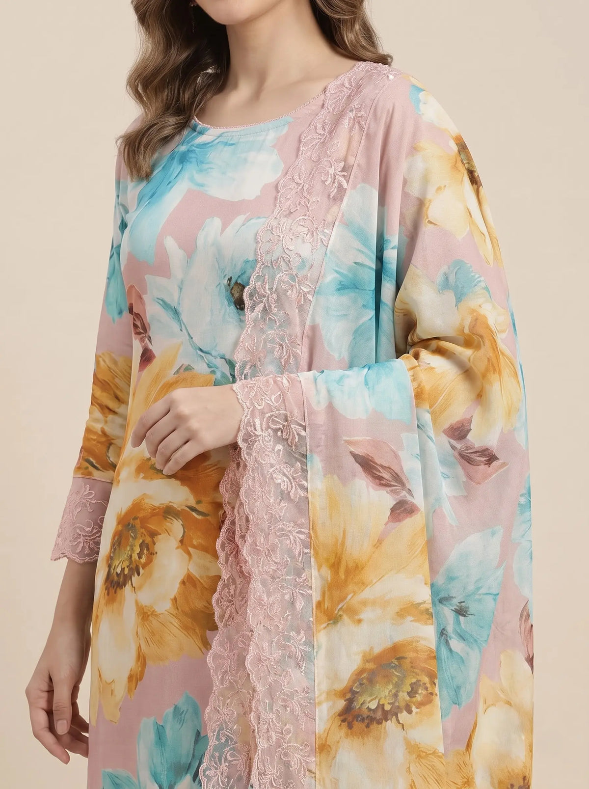 Blush Pink Floral Digital Print Muslin Suit