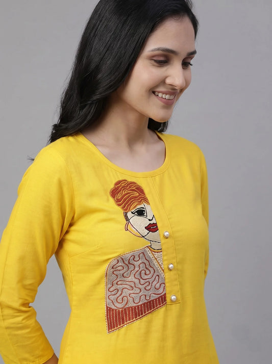 Yellow Rayon Cotton Suit with Big Motif Embroidery