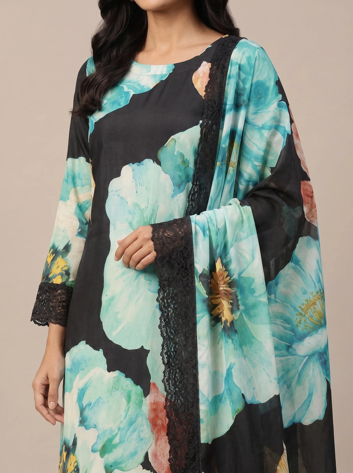 Black Turquoise Floral Digital Print Muslin Suit
