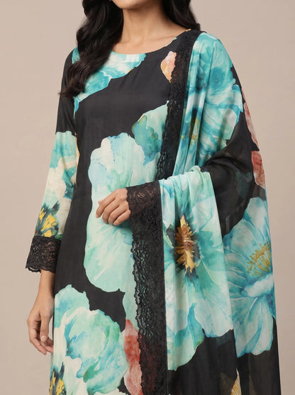 Black Turquoise Floral Digital Print Muslin Suit