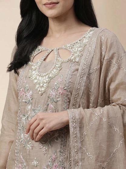 Taupe Silk Suit with Pearl-Embroidered Tulip Neckline