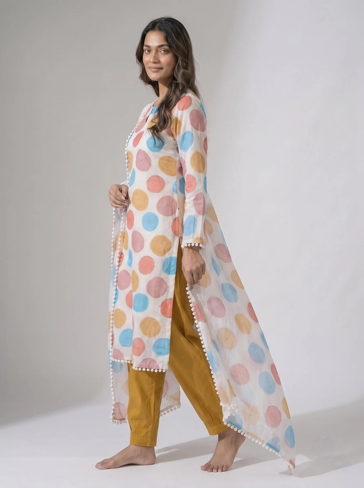 Ivory Multicolor Polka Dot Organza Unstitched Suit with Pom-Pom Lace Border