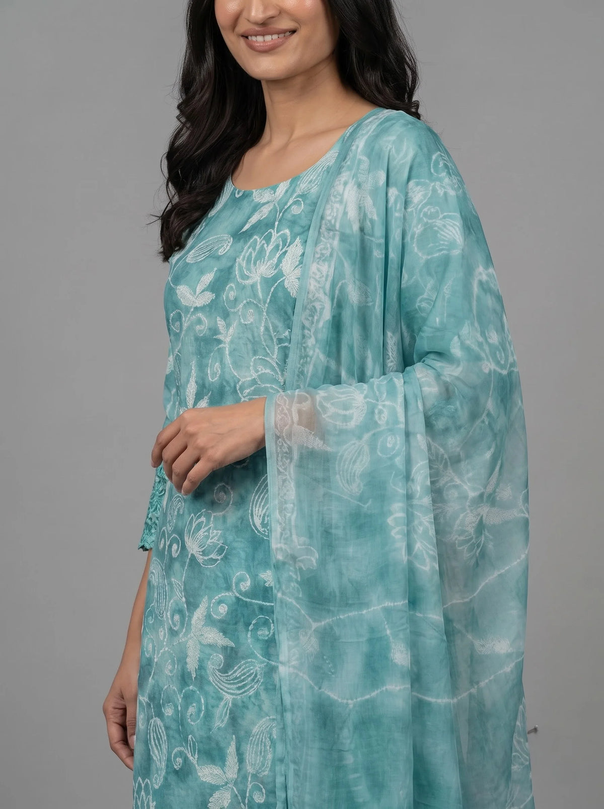 Turquoise Jaam Cotton Suit with Floral Vine Embroidery