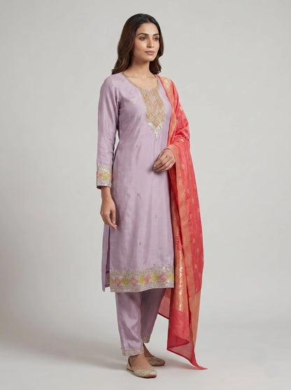 Lavender Gajji Satin Suit with Diamond Sequin Border