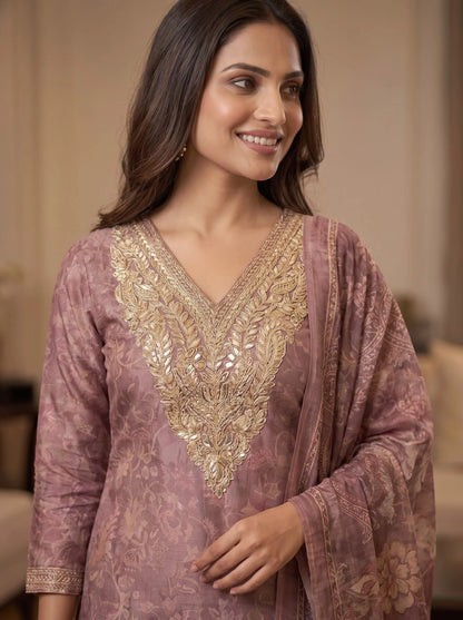 Mauve Rose Self-Woven Chanderi Silk Blend Suit with Embroidered Neckline