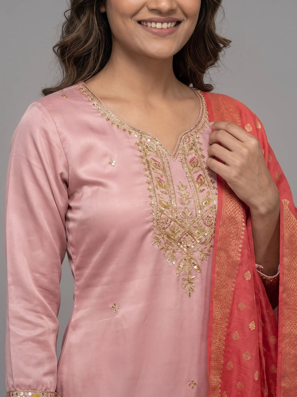 Dusty Pink Bemberg Silk Ziraff Jacquard Suit with Heavy Neck Embroidery