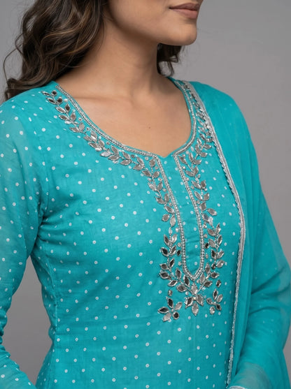 Teal Polka Dot Suit with Silver Mirror Embroidered Neckline