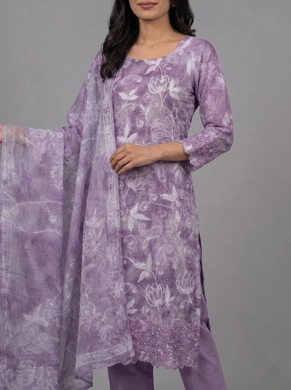 Lavender Jaam Cotton Suit with Floral Vine Embroidery