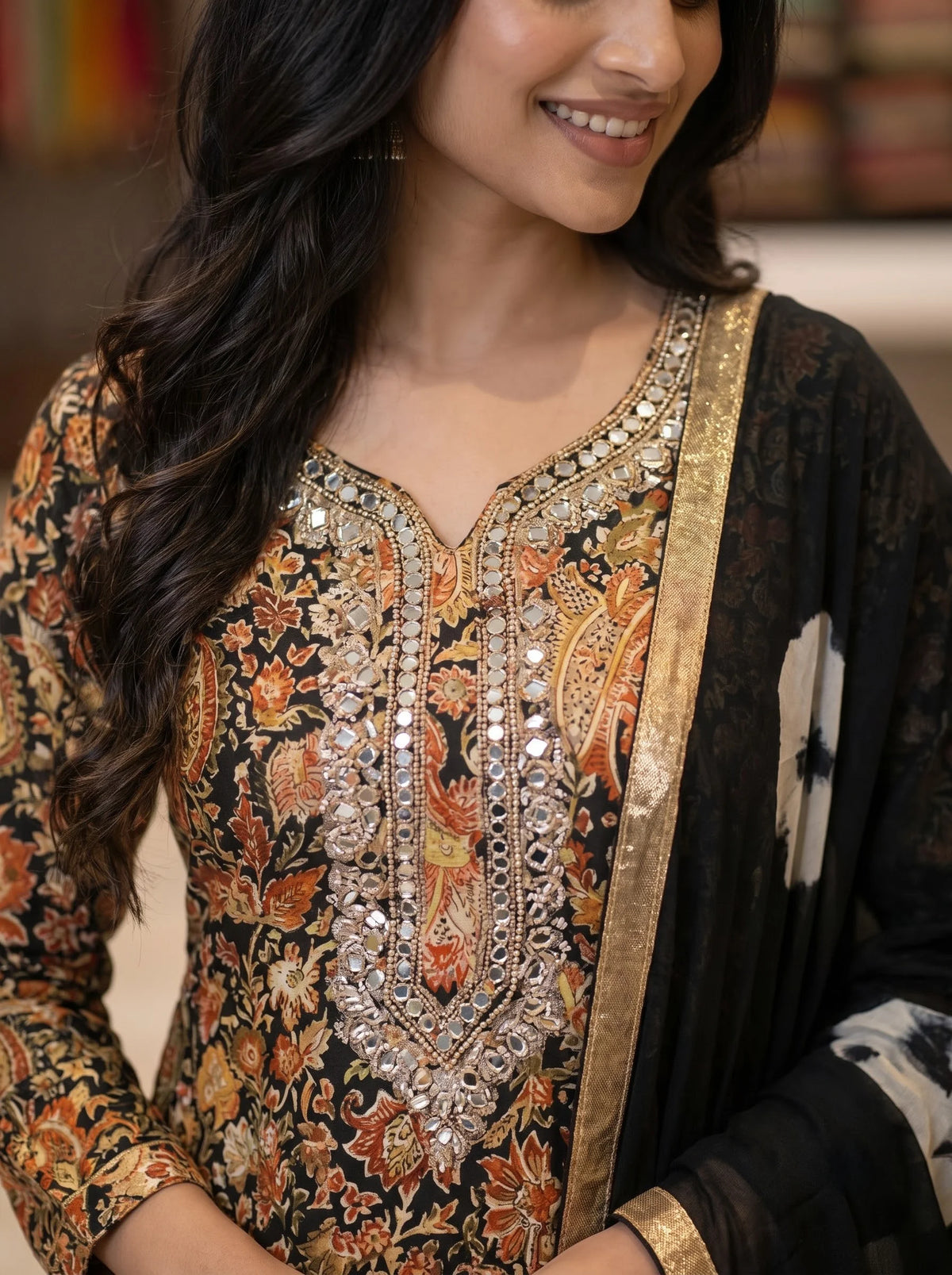 Black Floral Paisley Print Rayon Cotton Suit with Heavy Neck Embroidery