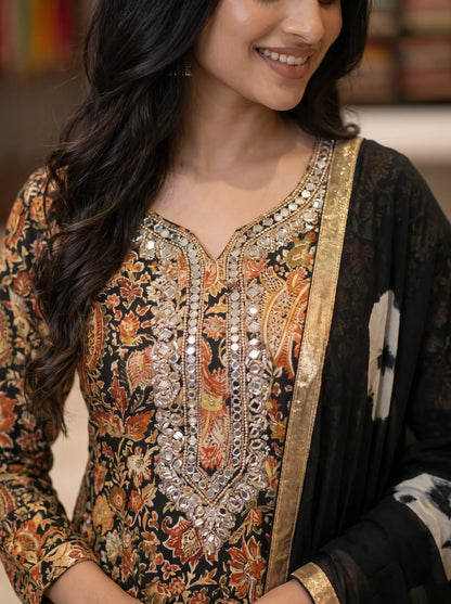 Black Floral Paisley Print Rayon Cotton Suit with Heavy Neck Embroidery