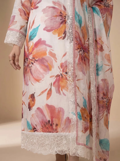 Ivory Coral Floral Digital Print Muslin Suit