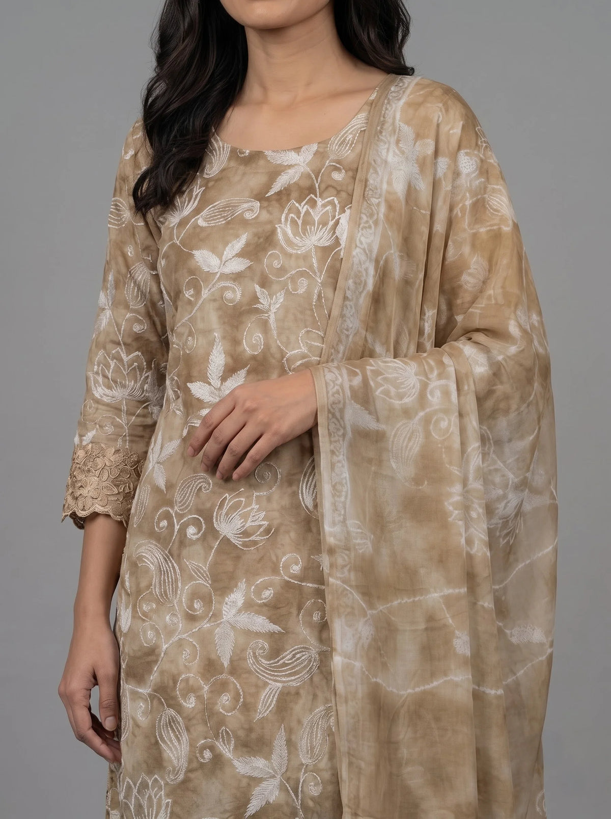 Beige Jaam Cotton Suit with Floral Vine Embroidery