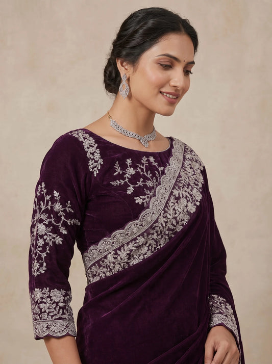 Deep Purple Rangoli Silk Saree with Heavy Silver Embroidered Border