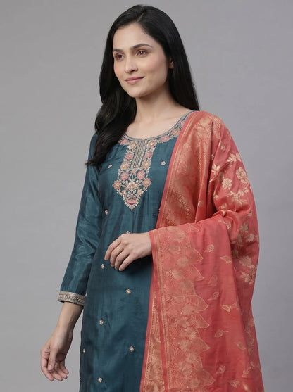 Teal Gajji Satin Suit with Floral Neck & Daman Embroidery