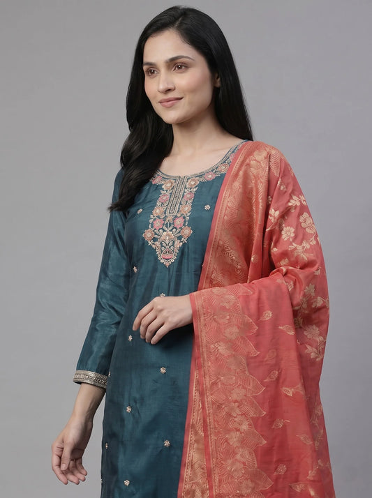 Teal Gajji Satin Suit with Floral Neck & Daman Embroidery