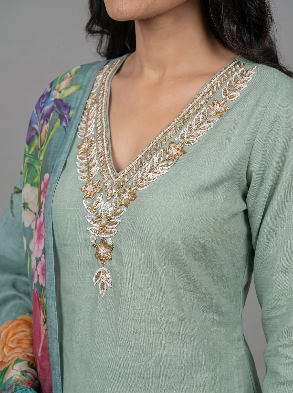 Sage Green Chanderi Silk Suit with Hand Jari Embroidered Neckline