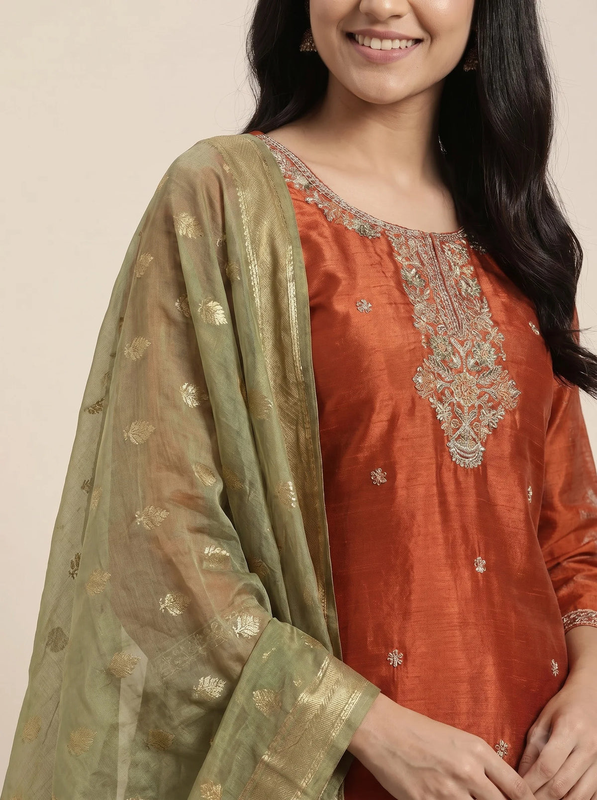 Rust Orange Gajji Satin Suit with Heavy Neck & Daman Embroidery