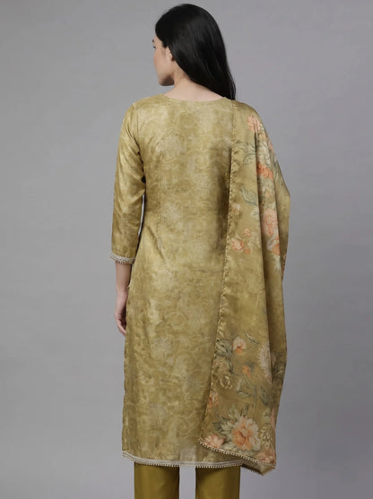 Olive Gold Chanderi Silk Suit with Beaded Neckline & Floral Print Dupatta