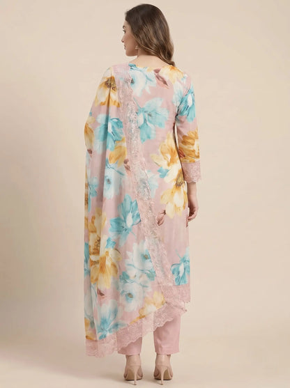 Blush Pink Floral Digital Print Muslin Suit