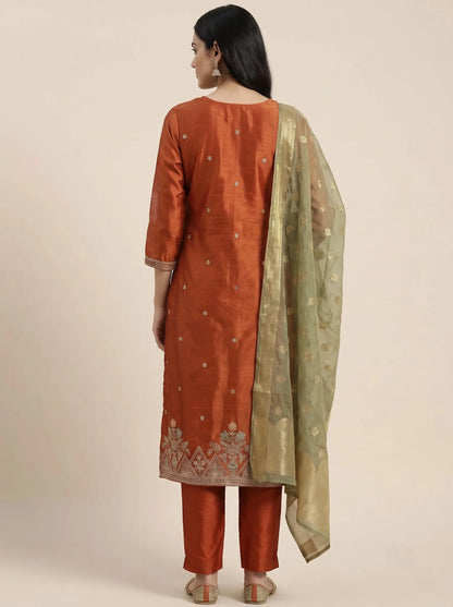 Rust Orange Gajji Satin Suit with Heavy Neck & Daman Embroidery
