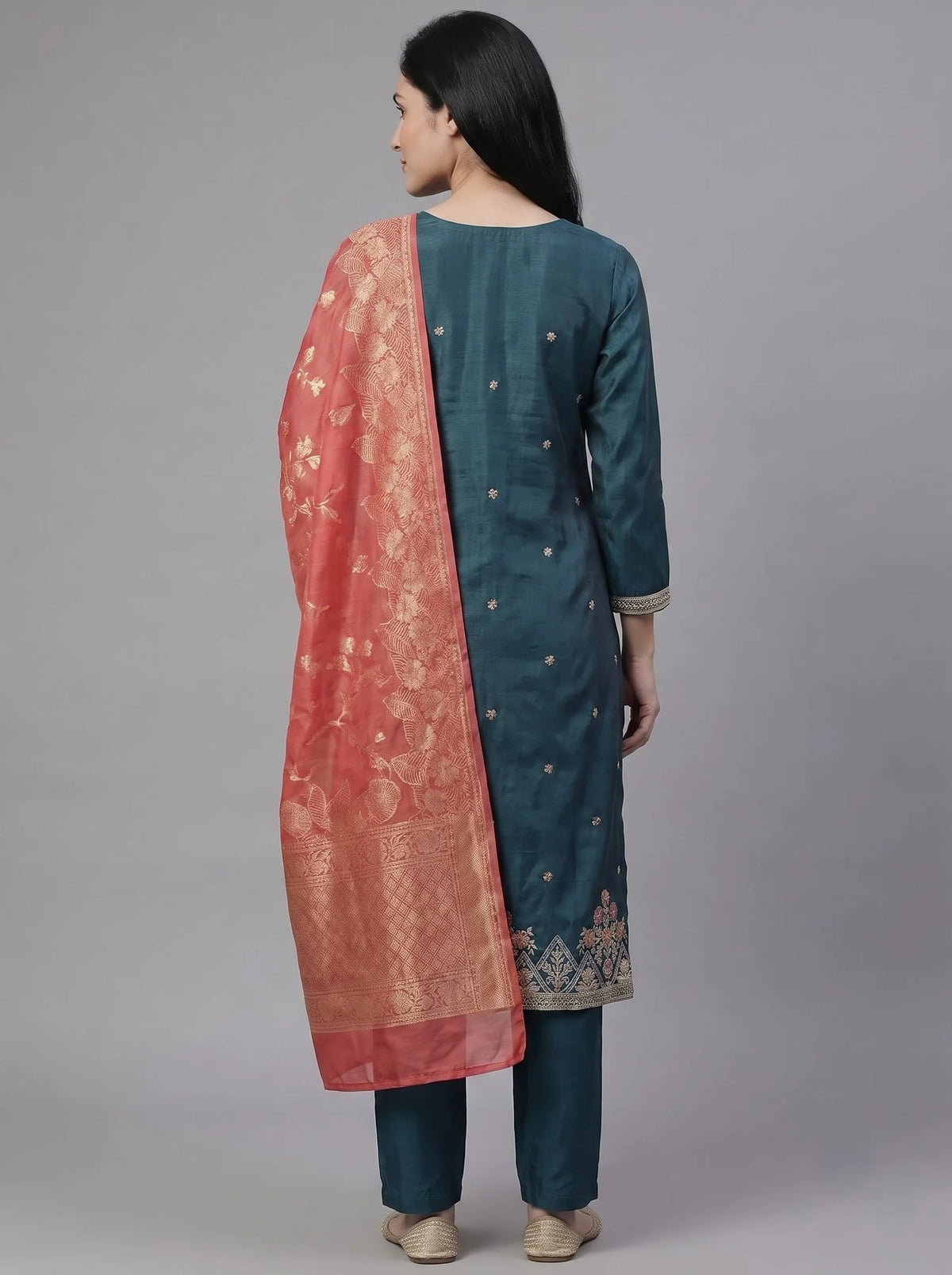 Teal Gajji Satin Suit with Floral Neck & Daman Embroidery