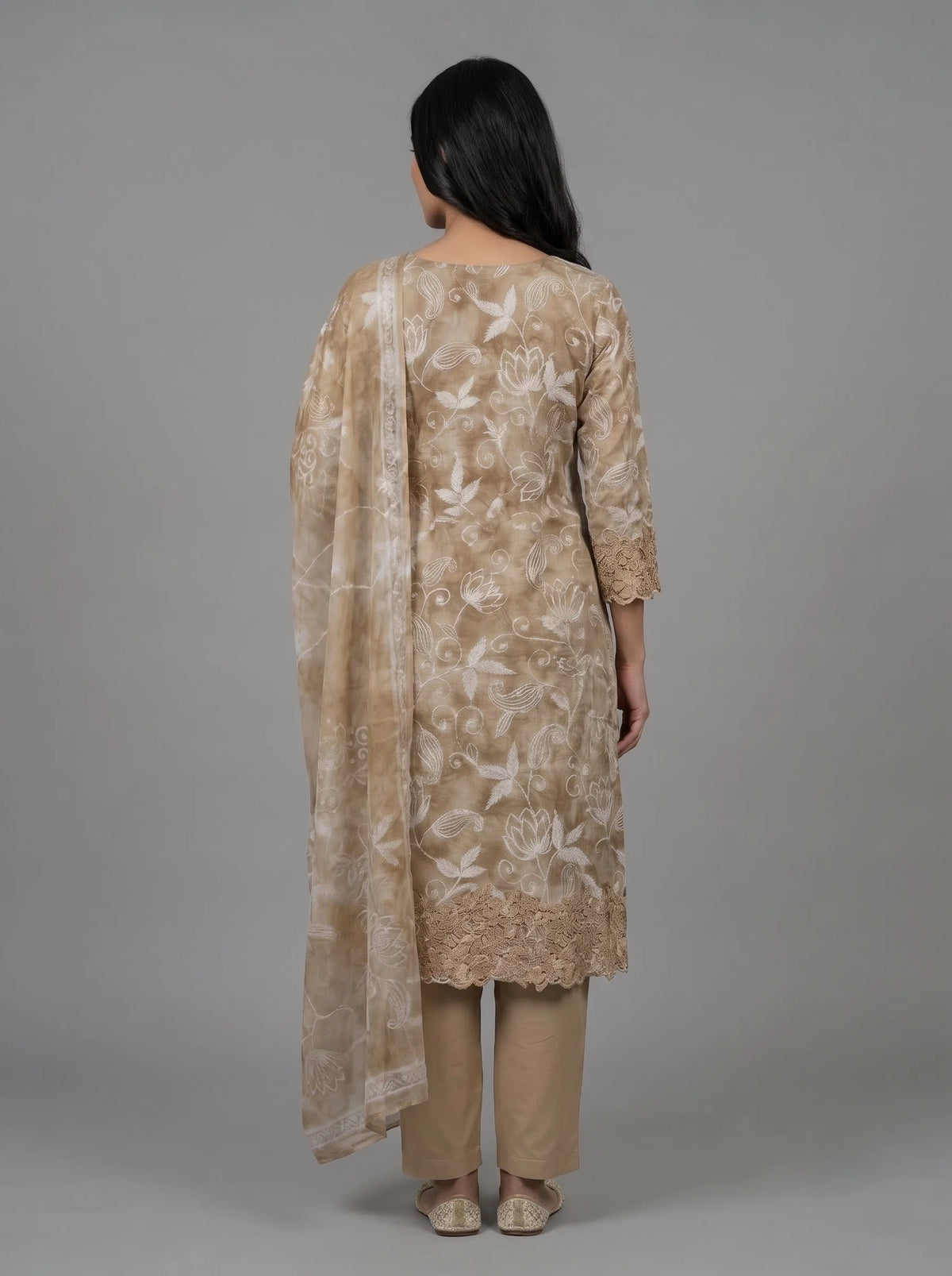 Beige Jaam Cotton Suit with Floral Vine Embroidery