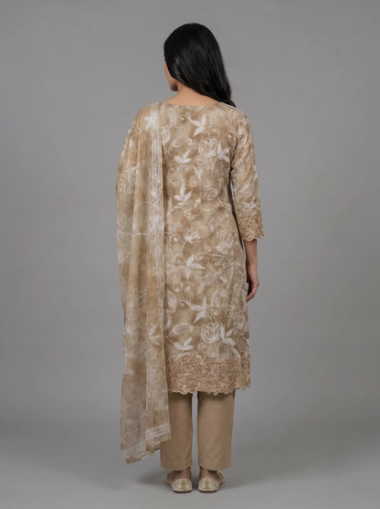 Beige Jaam Cotton Suit with Floral Vine Embroidery