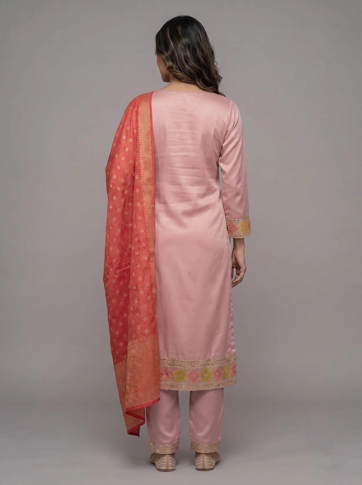 Dusty Pink Bemberg Silk Ziraff Jacquard Suit with Heavy Neck Embroidery