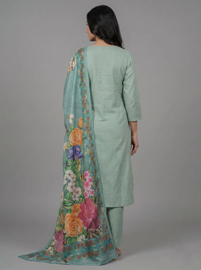 Sage Green Chanderi Silk Suit with Hand Jari Embroidered Neckline