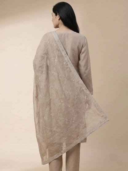 Taupe Silk Suit with Pearl-Embroidered Tulip Neckline
