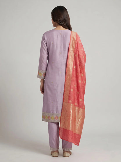 Lavender Gajji Satin Suit with Diamond Sequin Border