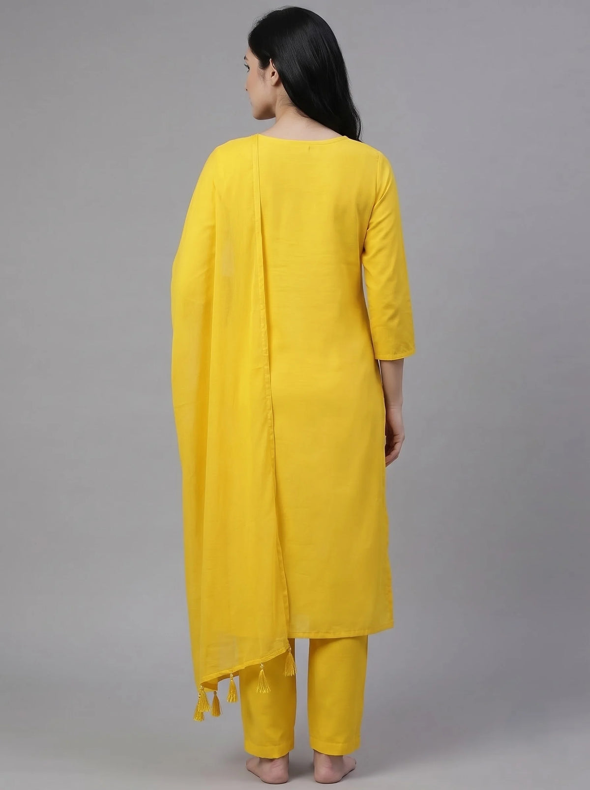 Yellow Rayon Cotton Suit with Big Motif Embroidery