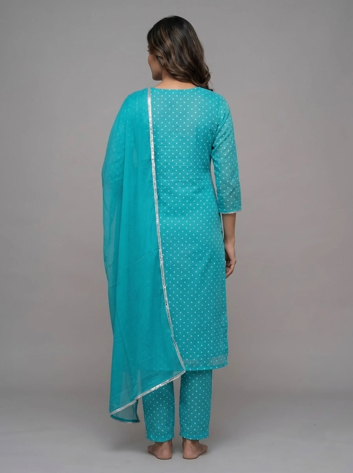 Teal Polka Dot Suit with Silver Mirror Embroidered Neckline