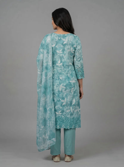 Turquoise Jaam Cotton Suit with Floral Vine Embroidery
