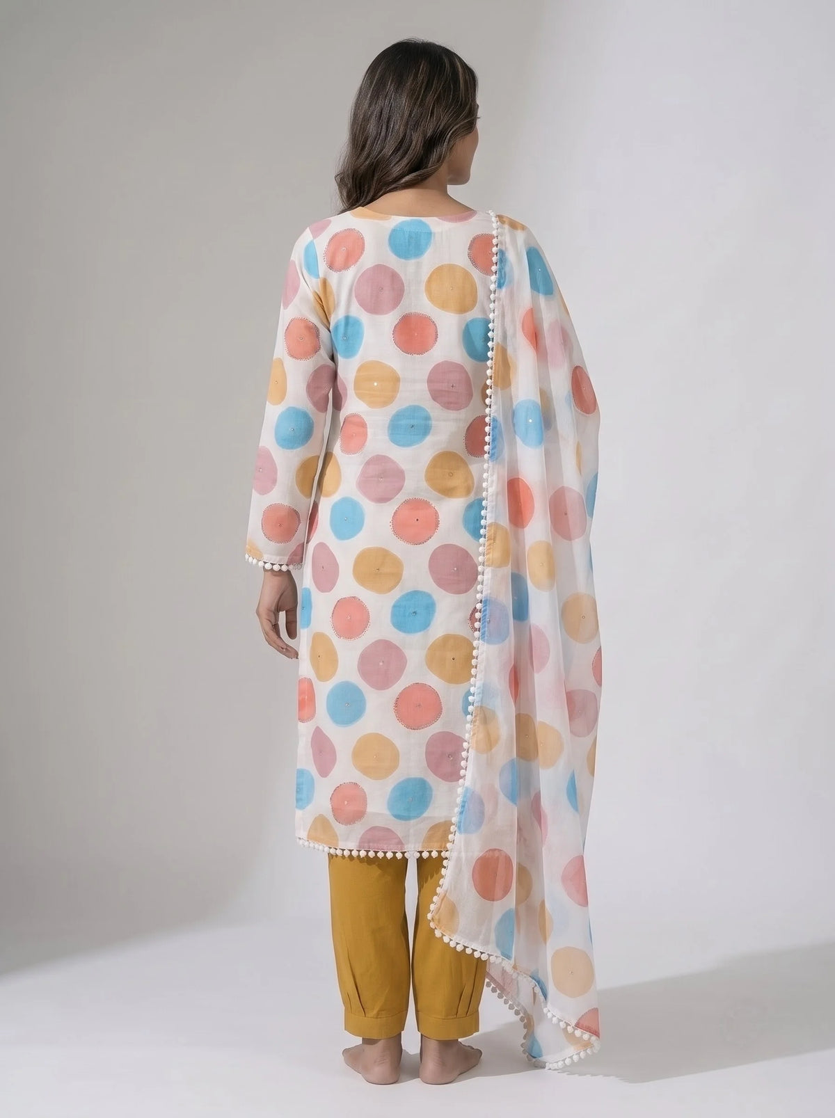 Ivory Multicolor Polka Dot Organza Unstitched Suit with Pom-Pom Lace Border