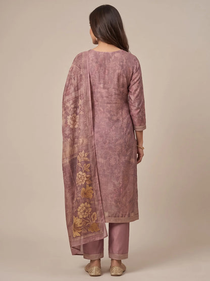 Mauve Rose Self-Woven Chanderi Silk Blend Suit with Embroidered Neckline