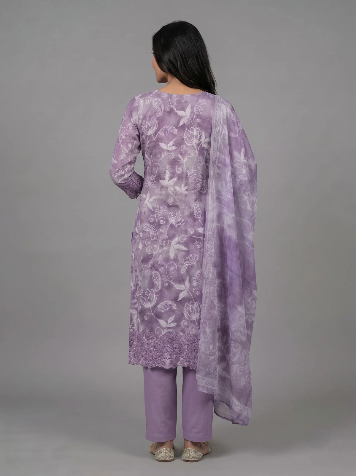 Lavender Jaam Cotton Suit with Floral Vine Embroidery